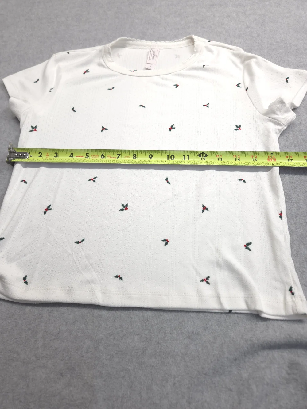 0379 Auden White Short-Sleeve Pajama Set with Tiny Red & Green Floral Motif